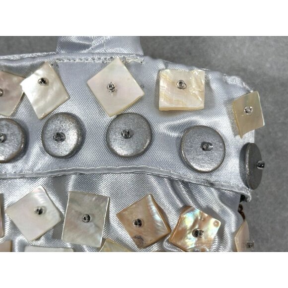 Handcrafted Statement Silver Satin Purse with Buttons & Beads Embellishments - Picture 11 of 16